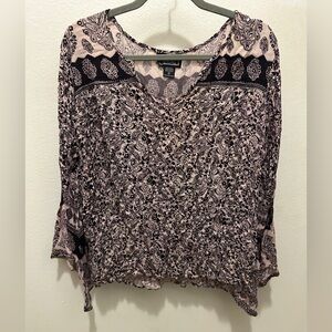 ANGIE VTG Y2K Boho Bell Sleeve Flowy Blouse Peasant Top Festival Pink Black